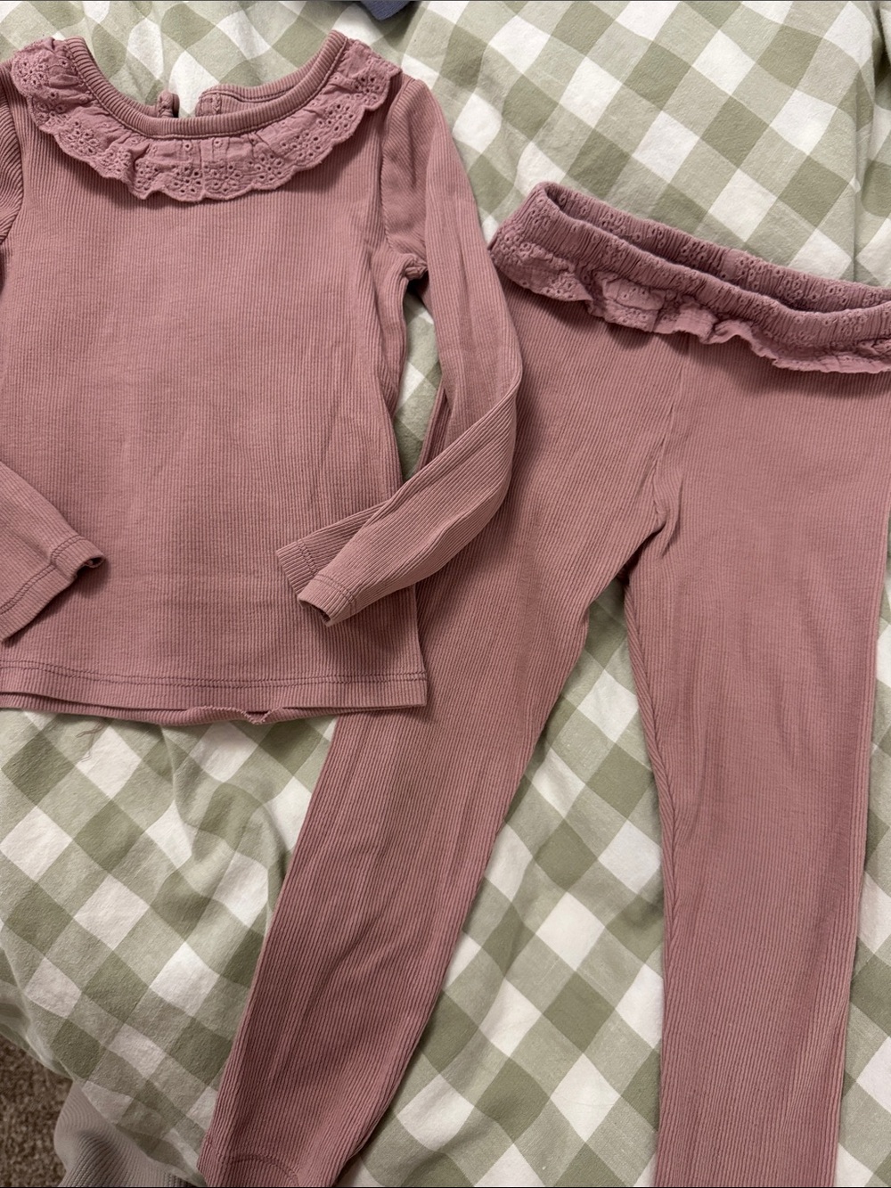 Ribbed Cotton Rose Pink Ruffle Matching Set 2-3